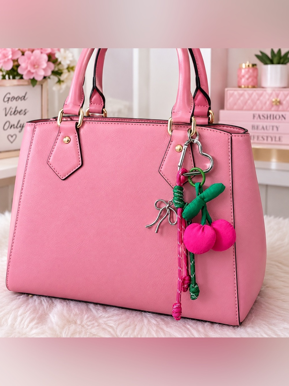 Pink Cherry/Bow Bag Charm